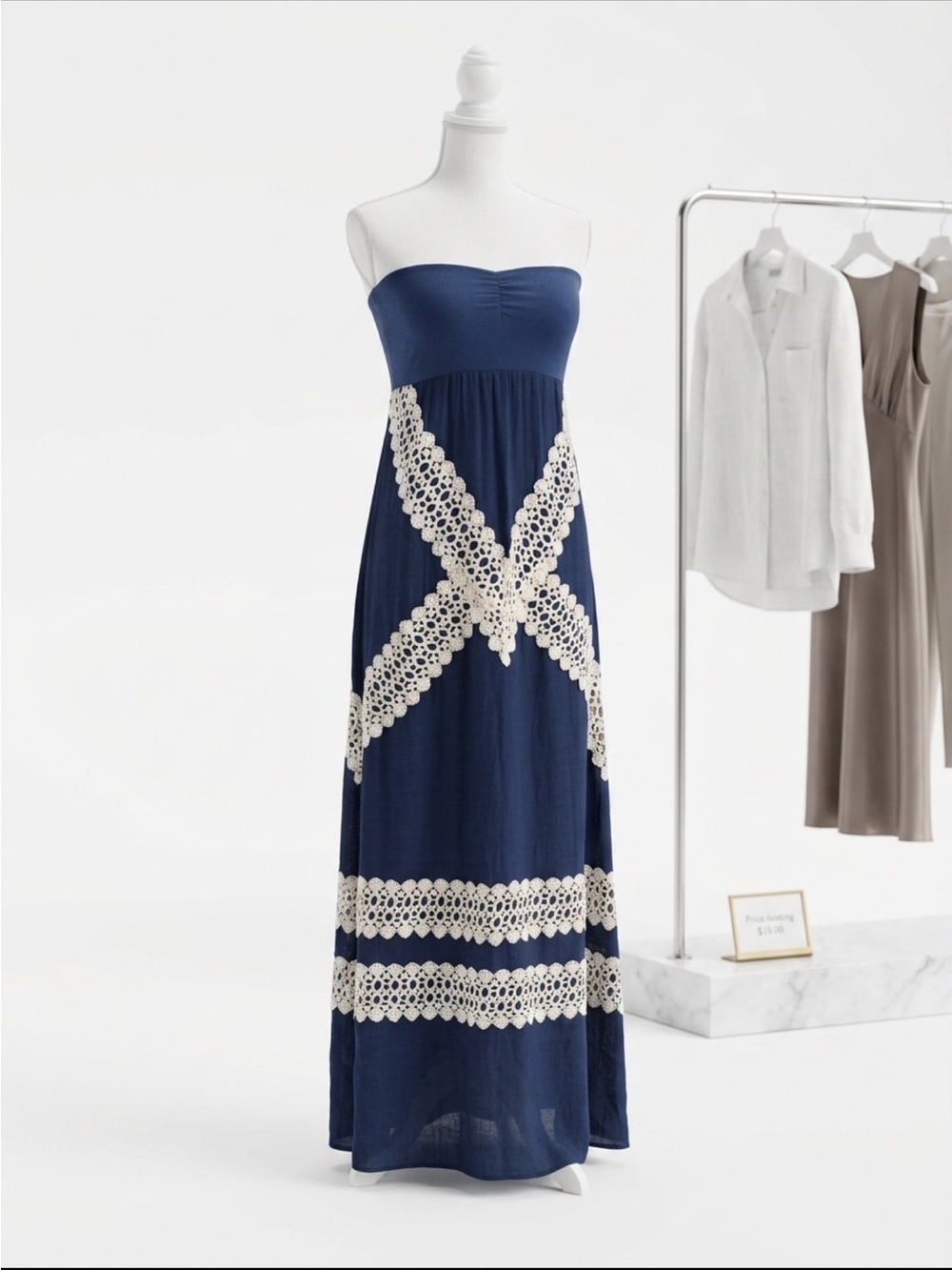 Judith March Navy Strapless Maxi Dress with Cream Lace